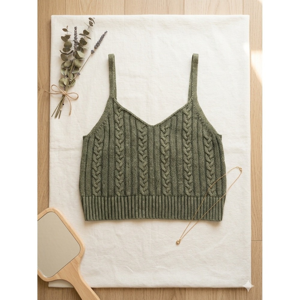 American Eagle Olive Green Cable Knit Cropped Sweater Cami Tank Top‎ Size L